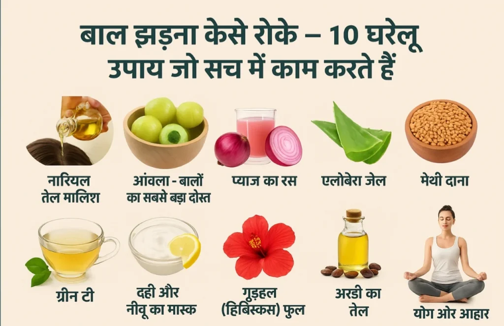 महिला प्राकृतिक तेल से सिर की मालिश करती हुई, बाल झड़ना रोकने के घरेलू उपायों का प्रतीकात्मक चित्र