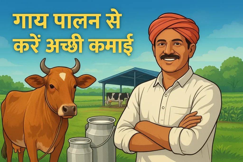 गाय पालन केंद्र में किसान, दूध निकालते और गोबर से खाद तैयार करते हुए – डेयरी बिज़नेस प्लान 2025।