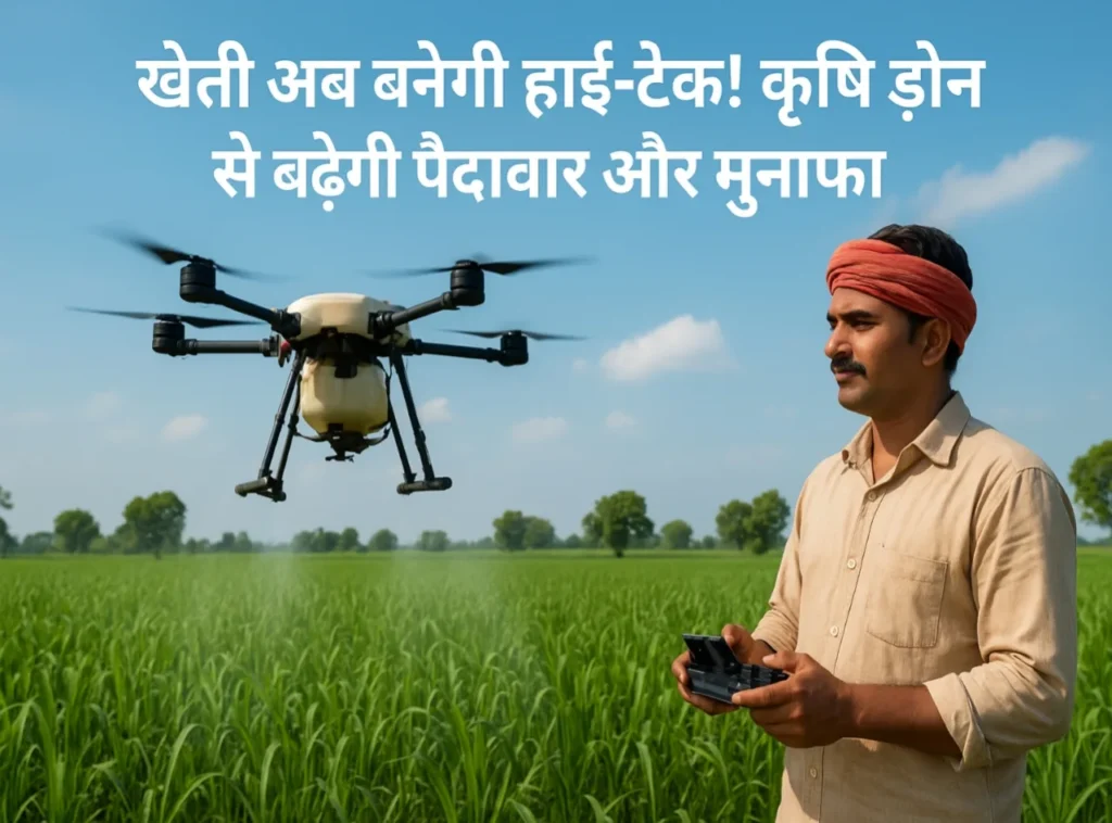 किसान खेत में कृषि ड्रोन से छिड़काव करता हुआ, आधुनिक खेती और बढ़ती पैदावार का दृश्य