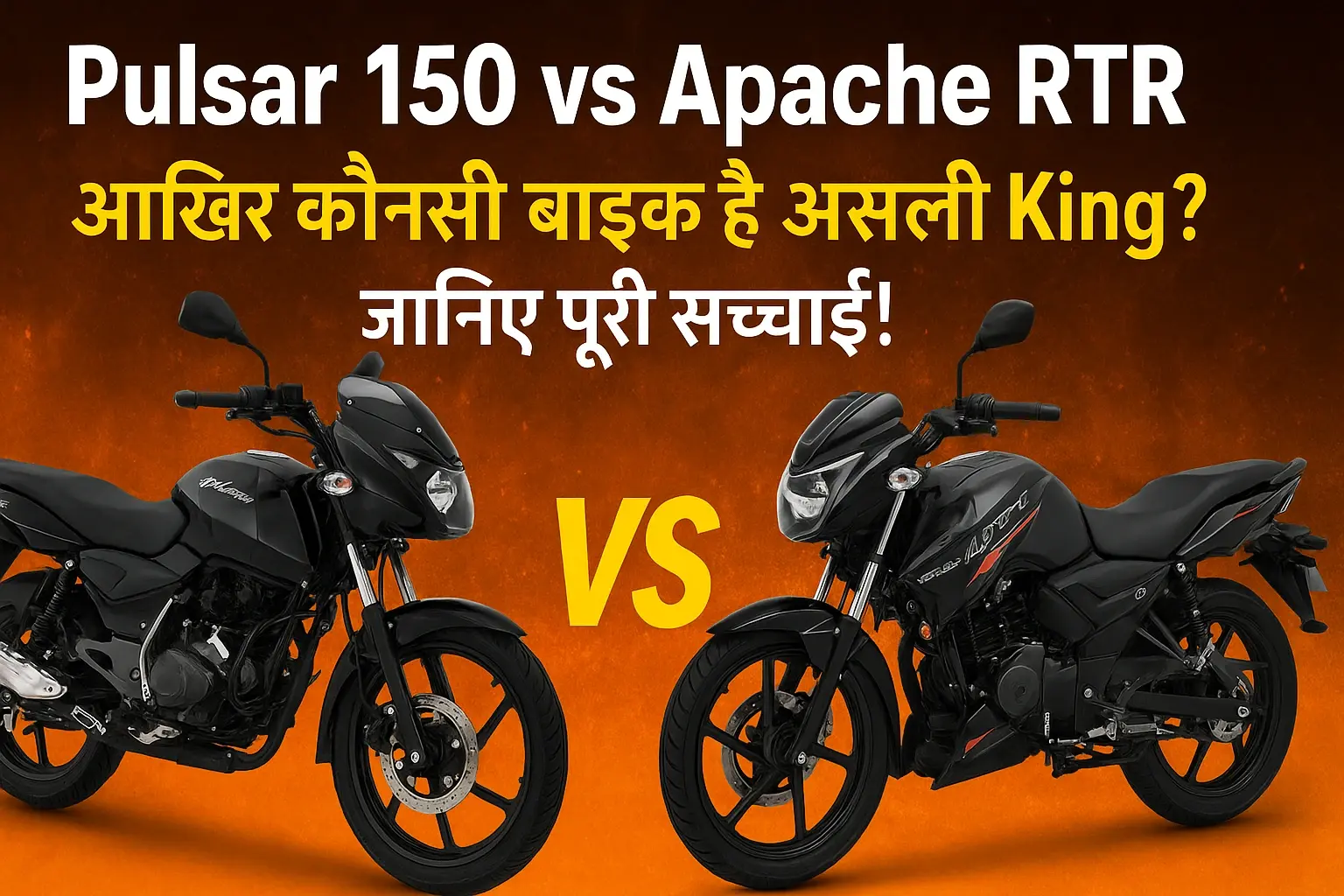 Pulsar 150 vs Apache RTR तुलना वाली हाई-क्वालिटी इमेज जिसमें दोनों बाइक्स आमने-सामने दिखाई गई हैं