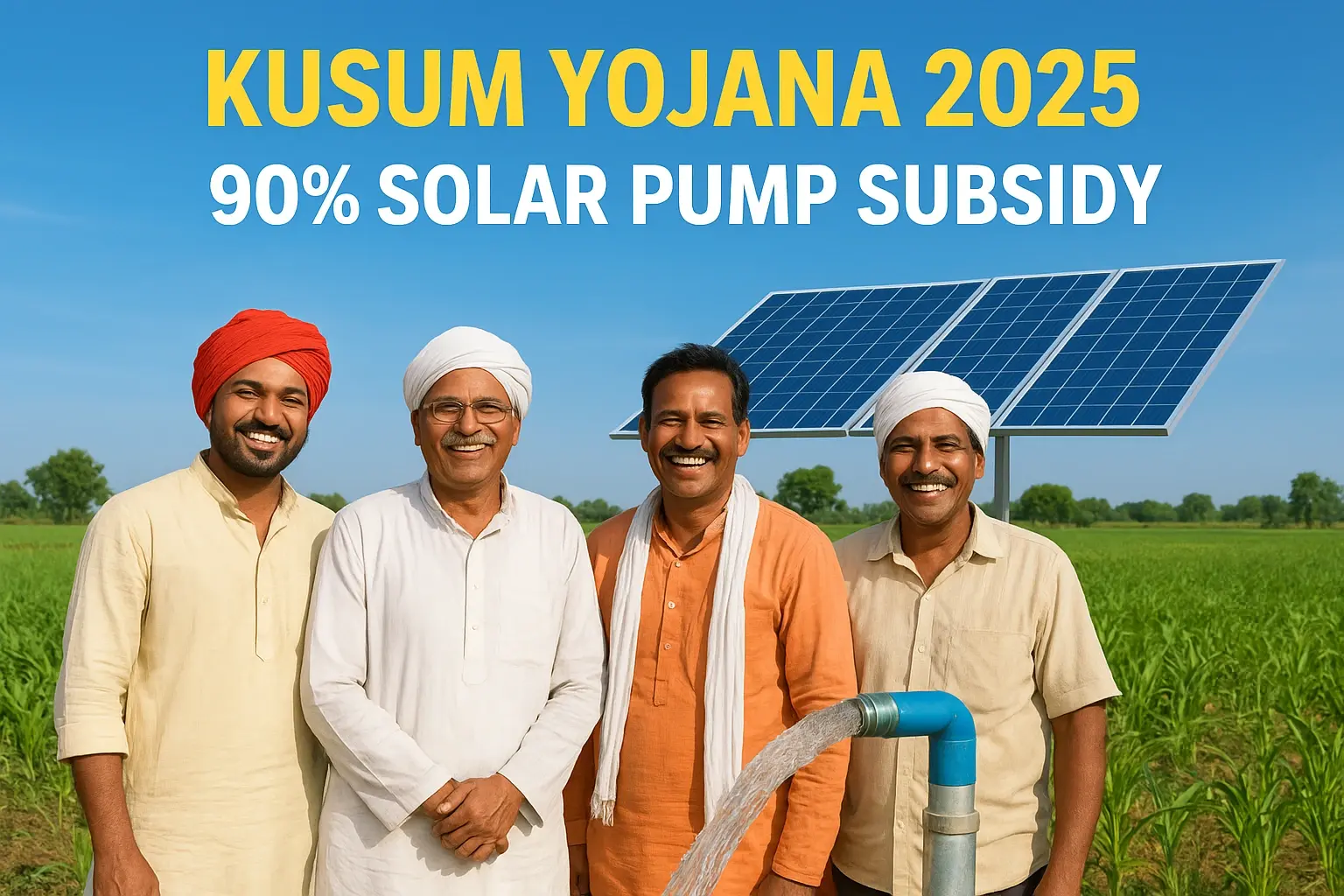 Farmer standing near solar pump system in field under Kusum Yojana 2025 with 90% solar pump subsidy