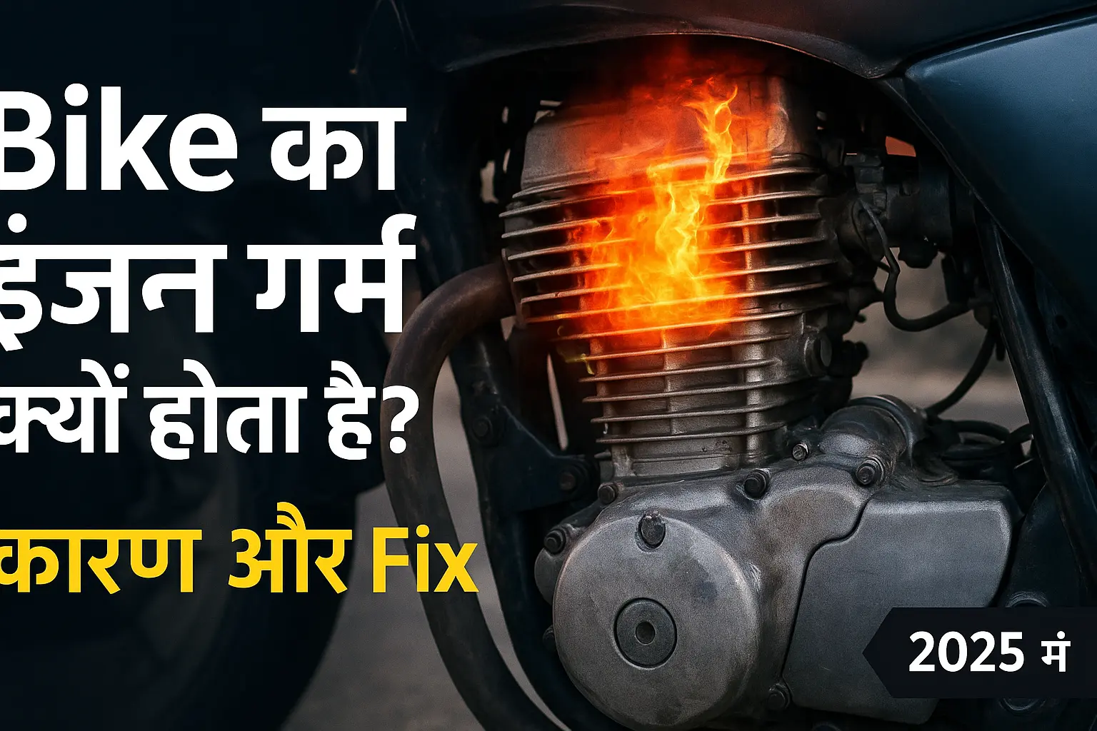 Bike engine overheating problem with highlighted hot engine area and technical graphics