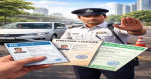 गाड़ी के जरूरी कागज दिखाता हुआ भारतीय ट्रैफिक पुलिस अधिकारी, RC, Driving Licence और PUC Certificate के साथ, हिंदी चेतावनी टेक्स्ट सहित