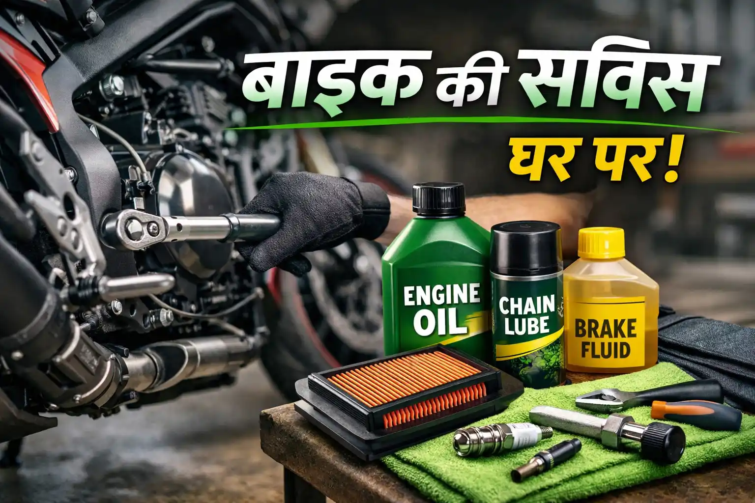 घर पर बाइक सर्विस करते हुए टेक्नीशियन, इंजन ऑयल, चेन लुब्रिक और ब्रेक फ्लूड के साथ