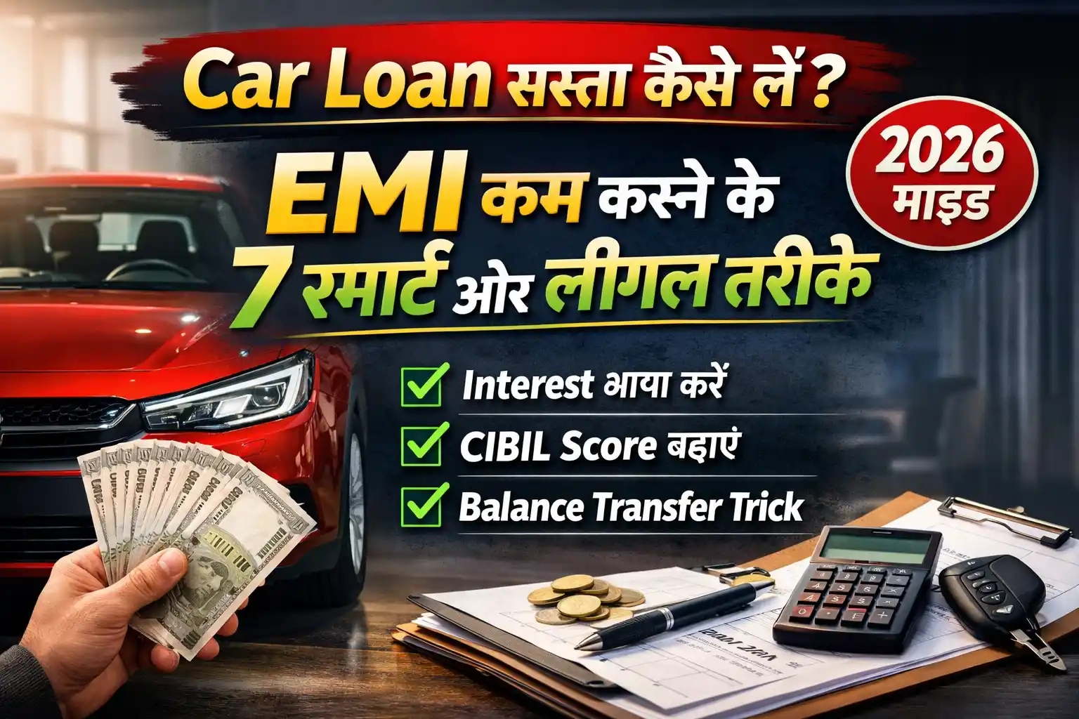 Car Loan EMI कम करने के तरीके दिखाती हुई इमेज, जिसमें कार, पैसे और बैंक लोन प्लान दर्शाया गया है