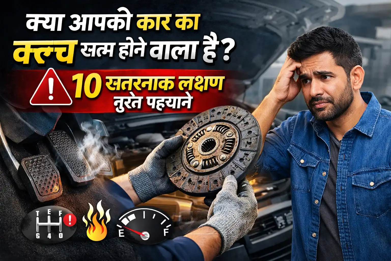 कार का क्लच खराब होने के लक्षण दिखाती हुई इमेज जिसमें घिसी हुई क्लच प्लेट और परेशान ड्राइवर दिख रहा है