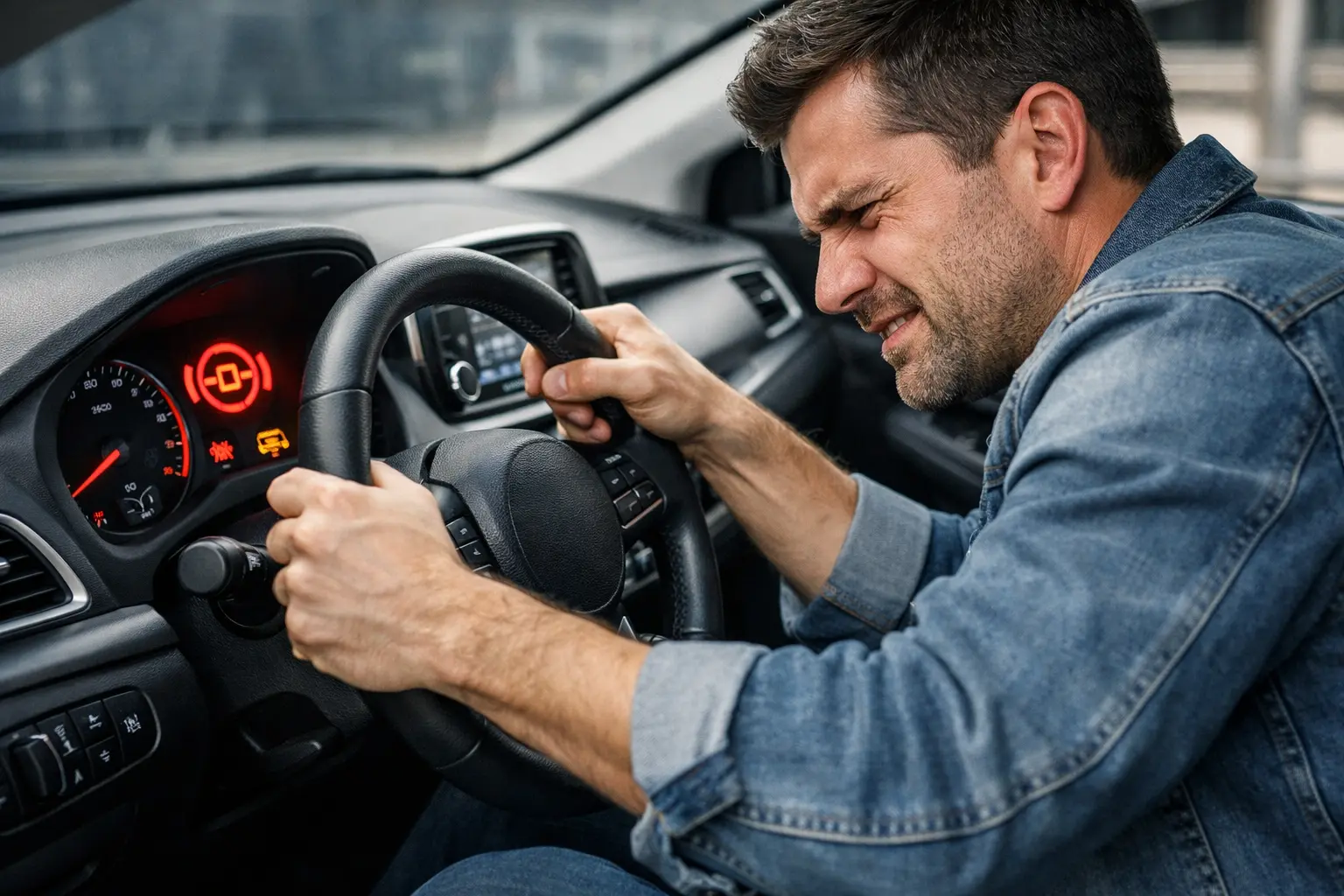 Power Steering भारी होने की समस्या – ड्राइवर स्टीयरिंग घुमाने में संघर्ष कर रहा है, डैशबोर्ड Warning Lights।