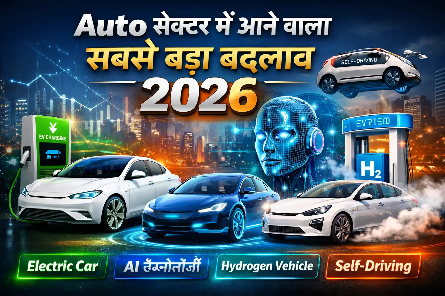 Auto सेक्टर में आने वाला सबसे बड़ा बदलाव 2026 जिसमें Electric Car, AI टेक्नोलॉजी, Hydrogen Vehicle और Self Driving Car दिखाई गई है