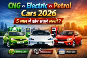 CNG vs Electric vs Petrol Cars 2026 comparison image showing running cost, maintenance and 5 year ownership cost in India