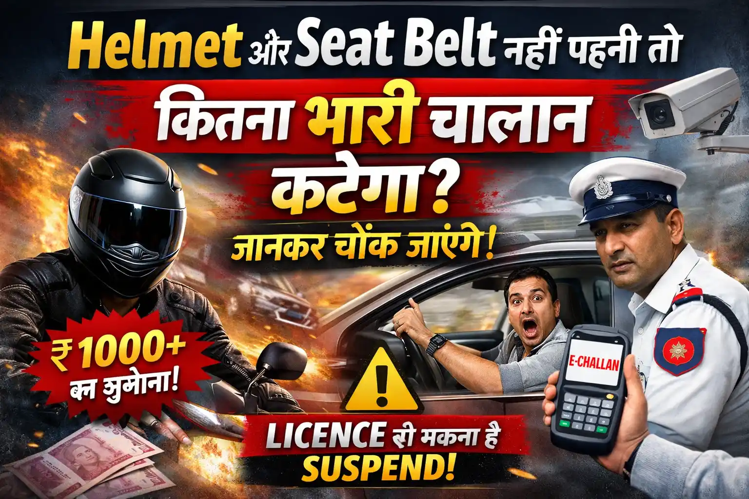 Helmet aur Seat Belt nahi pehne par traffic challan aur licence suspend rule ka graphic