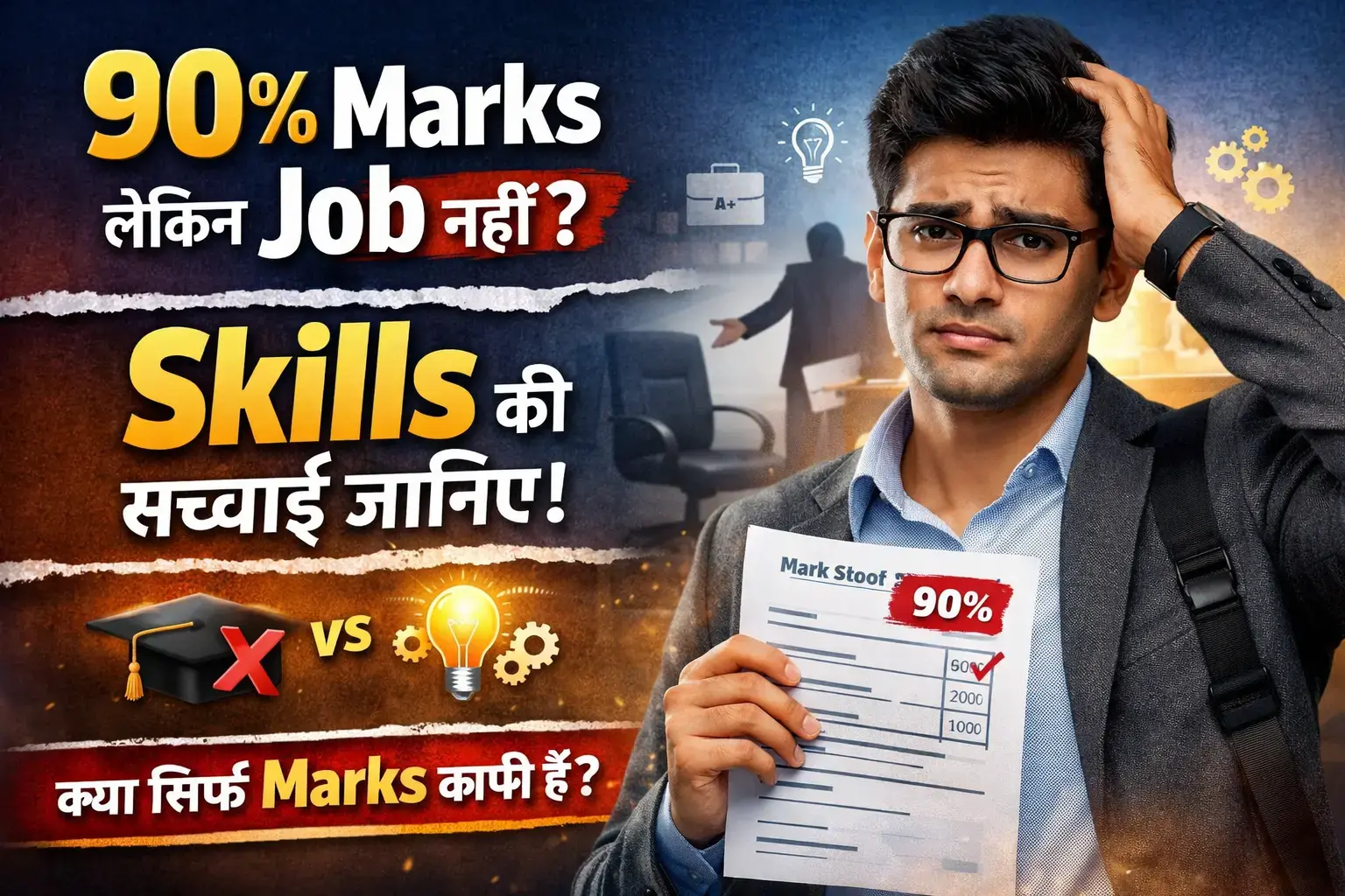 90% marksheet pakde student job na milne ki tension me – Marks vs Skills concept image
