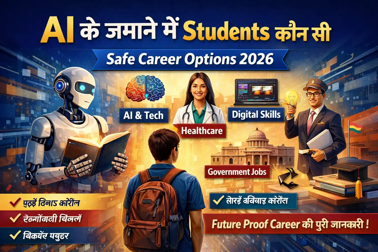 AI के दौर में छात्रों के लिए safe career options 2026 दिखाती featured image, जिसमें AI, Healthcare, Digital Skills, Government Jobs और Entrepreneurship शामिल हैं